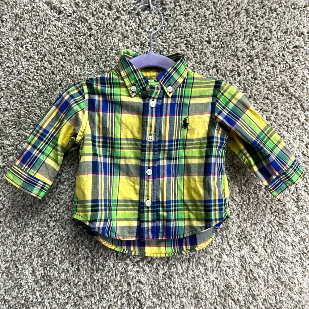 Ralph Lauren Shirt Baby 3M Yellow‎ Plaid Long Sleeve Button Down